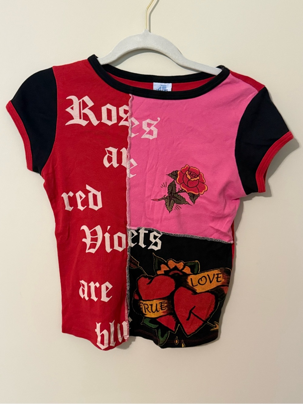 ITSUS Women’s Patchwork Rose & Heart Graphic Tee - Red & Pink